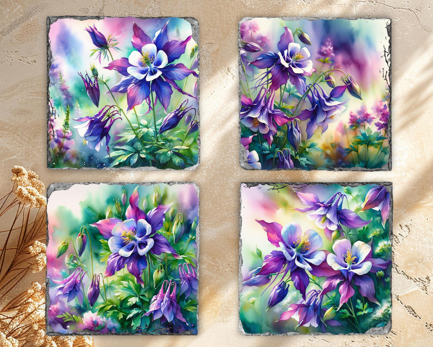 Watercolor Columbine Slate Coaster Set with Fractured Edges - Elegant Nature-Inspired Home Decor