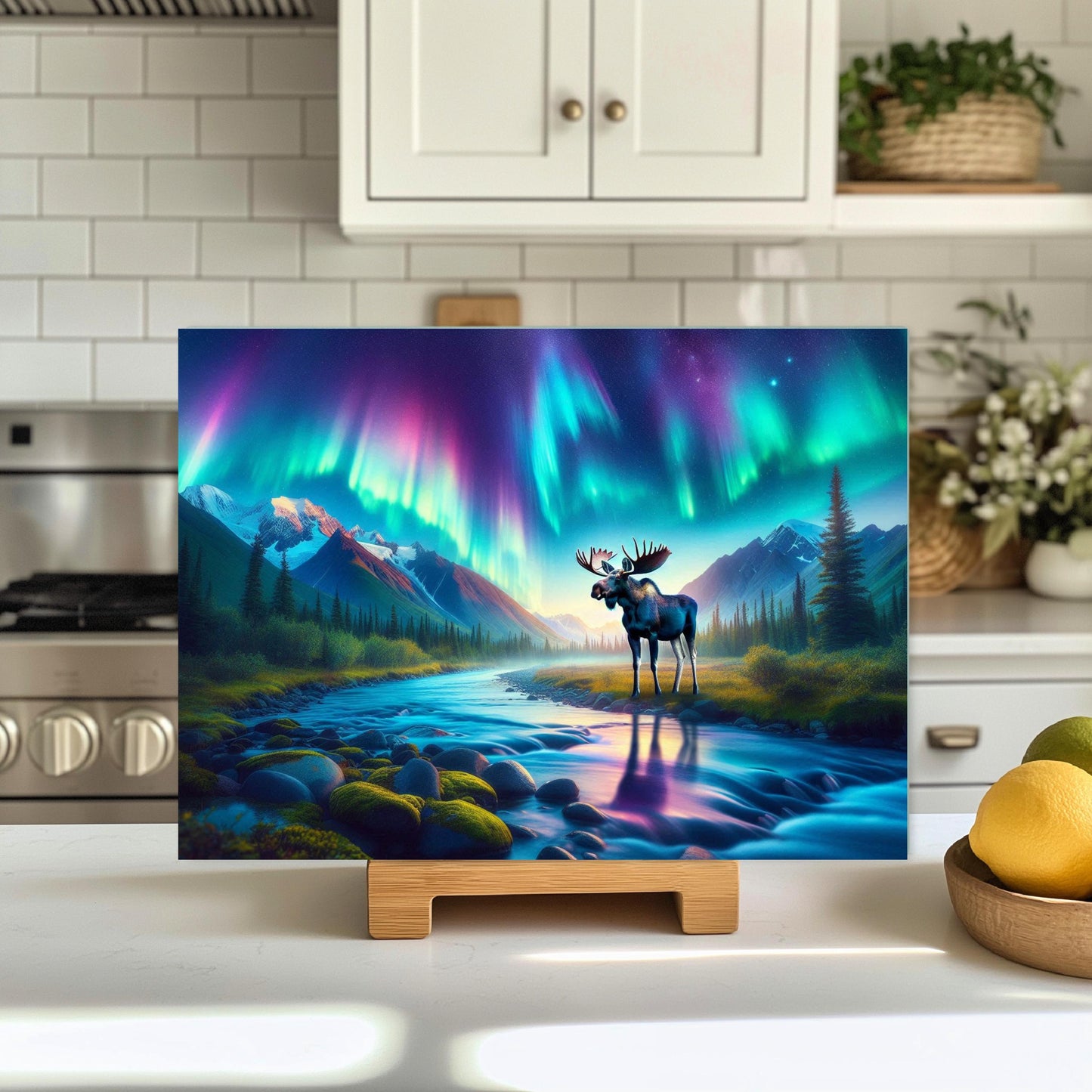 Northern Lights Moose River Glass Cutting Board, Outdoor Lover Gift, Hostess Housewarming Gift, Charcuterie Board, Moose Lover Gift