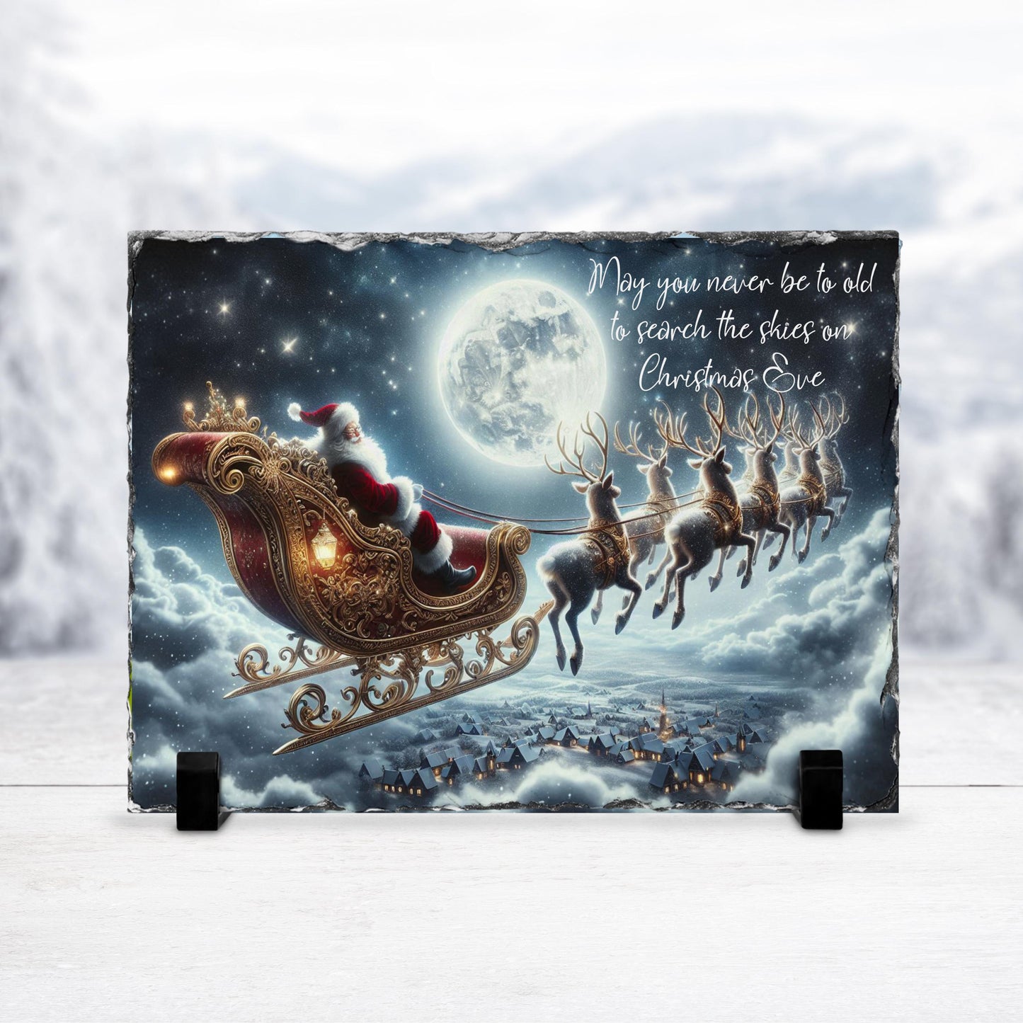 Handcrafted Holiday Slate Art with Santa Reindeer Full Moon Scene for Festive Home Decor