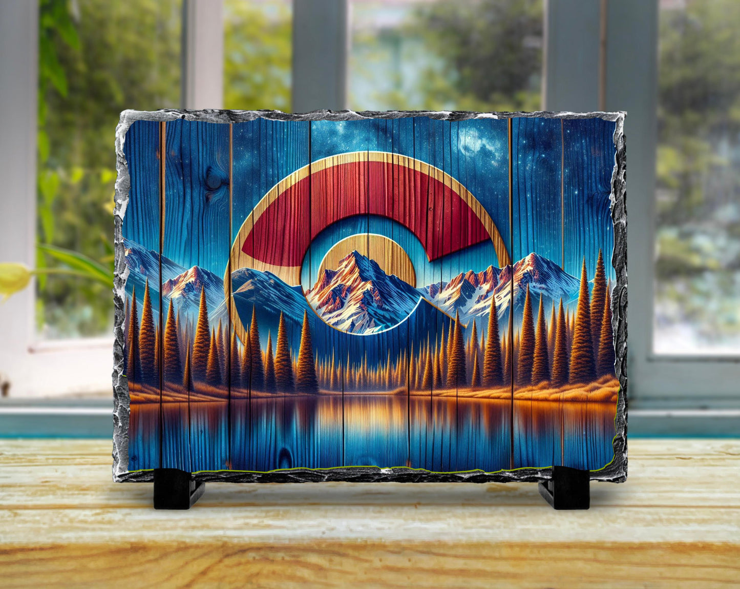 Colorado C Slate Plaque - Rustic Faux Wood Design with Mountains Lake Milky Way Sky - Perfect Gift for Colorado Lovers