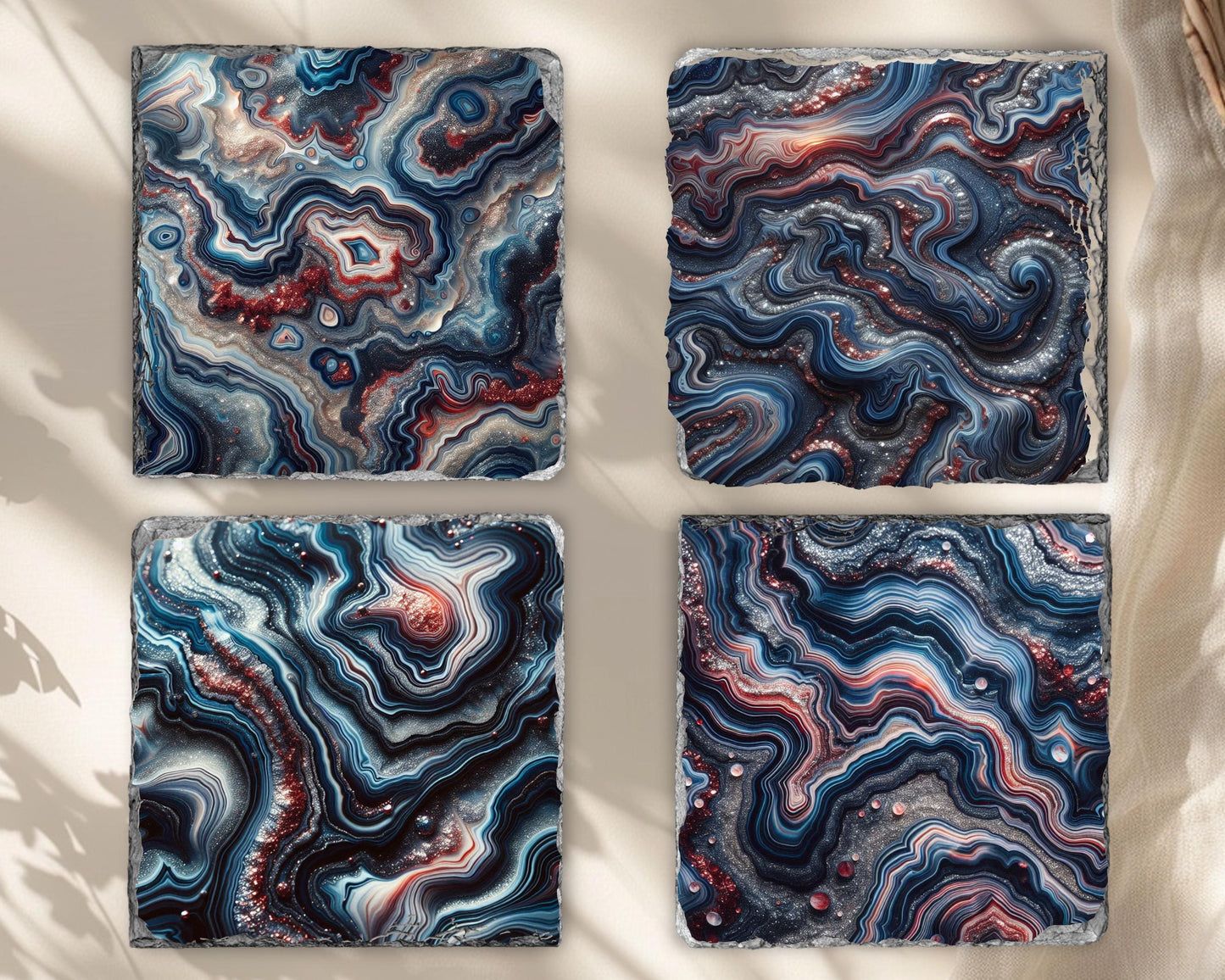 Agate Pattern Slate Coaster Set with Unique Fractured Edges - Nature-Inspired Stone Coasters Perfect Gift for Him