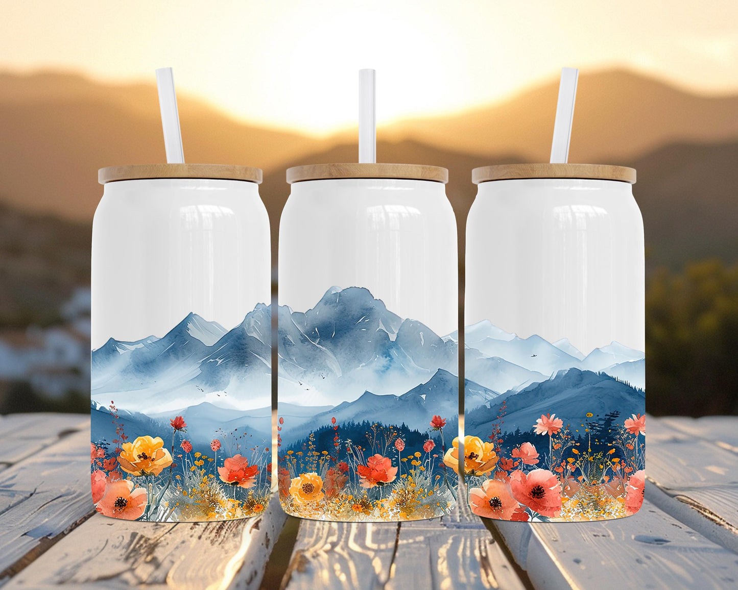 Boho Mountain Travel Tumbler, 16oz Stainless Steel Insulated Cup, Nature Travel Mug