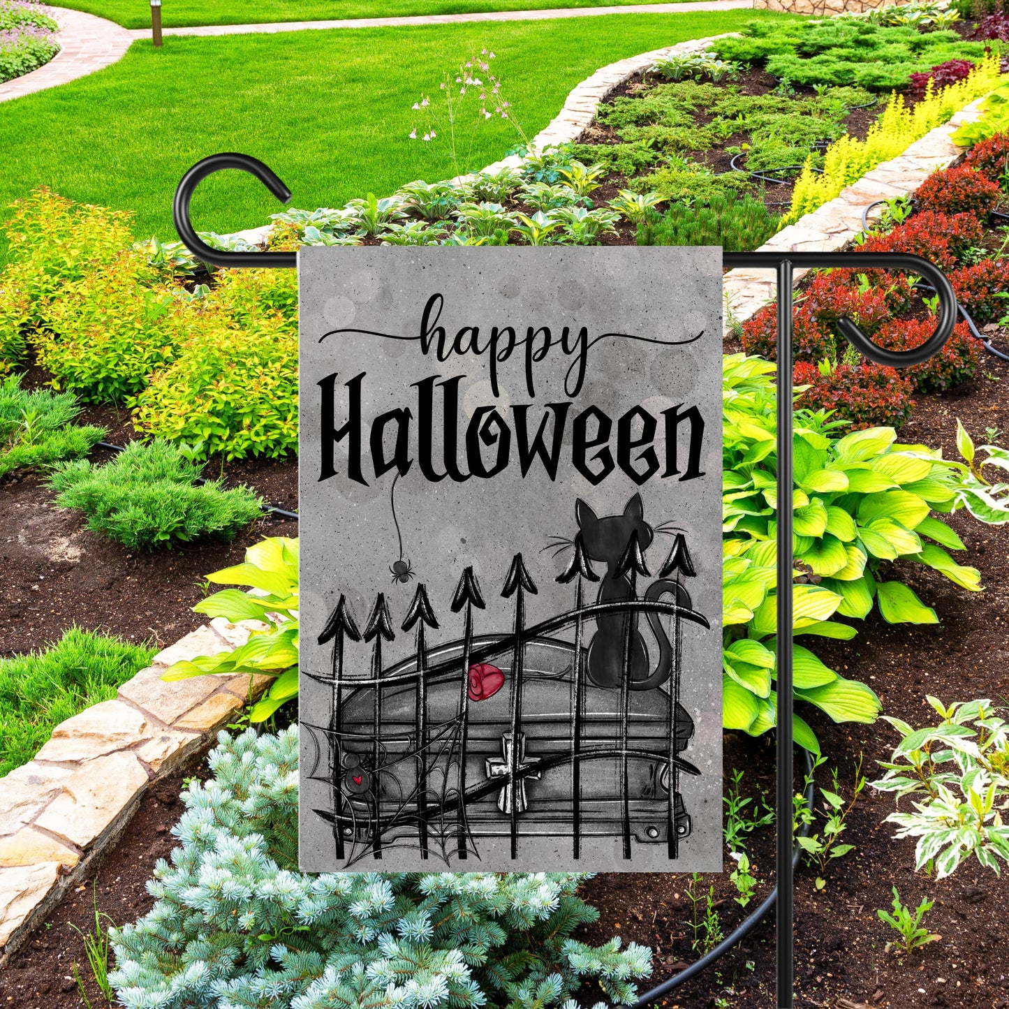 Double-Sided Halloween Garden Flag - Gothic Black Cat Spider Web Design 12x18 Inch