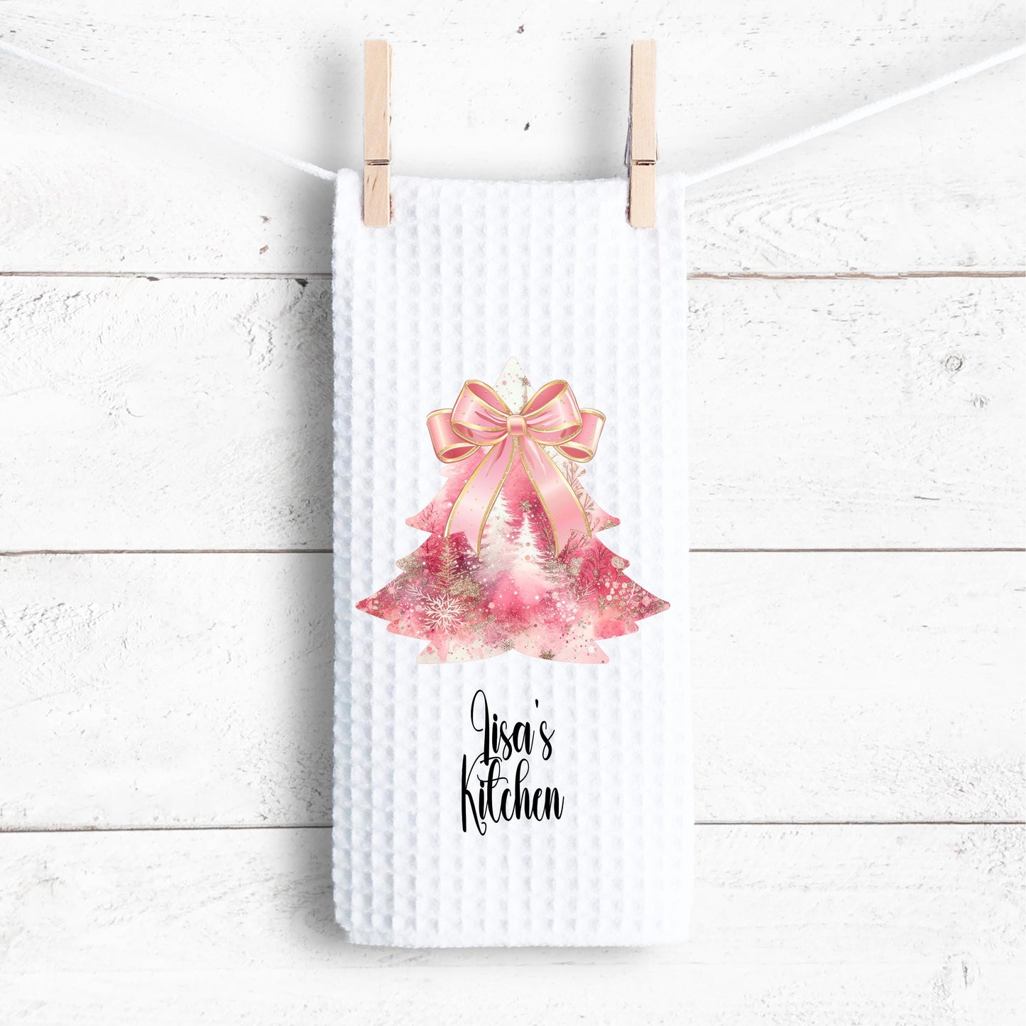 Personalized Christmas Tree Kitchen Towel in Pink Gold - Waffle Weave Design