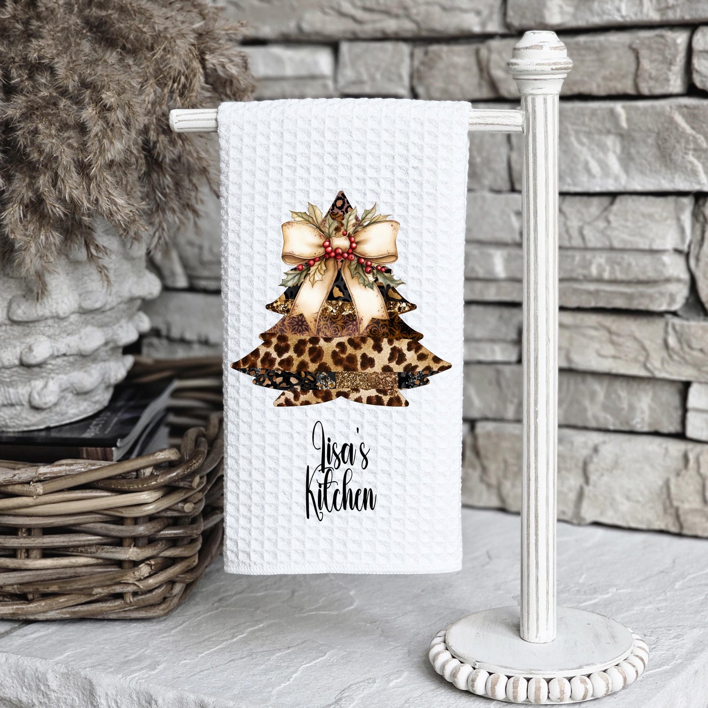 Personalized Leopard Print Kitchen Towel - Christmas Waffle Weave Microfiber Gift