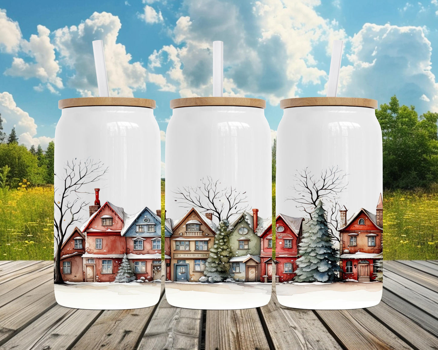 Winter Vintage Houses 16oz Insulated Soda Can with Bamboo Lid