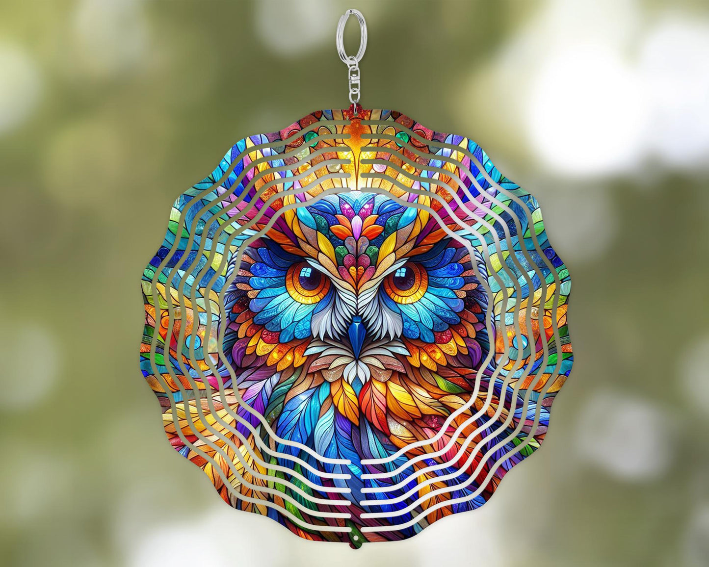Vibrant Owl Head Wind Spinner with UV Protection, Nature Inspired Housewarming Gift, Bird Watcher Gift, Hanging Wind Sculpture, Owl Lovers