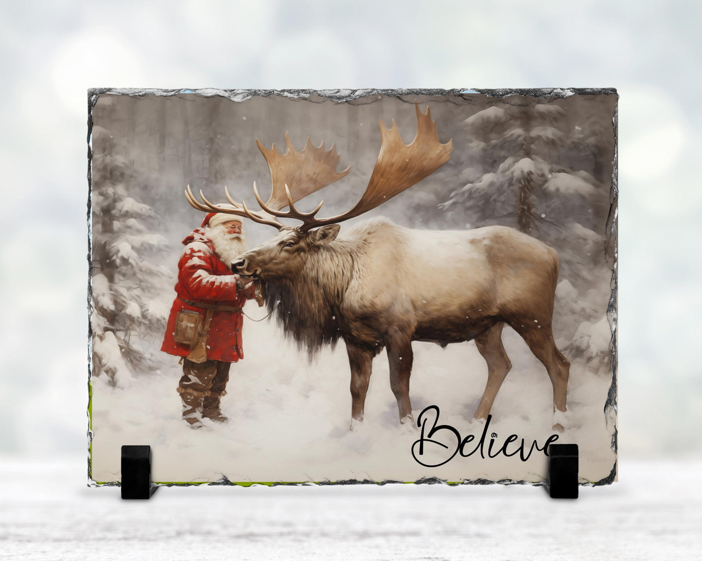 Believe Quote Slate Plaque with Santa Reindeer - Fractured Edge Christmas Decor