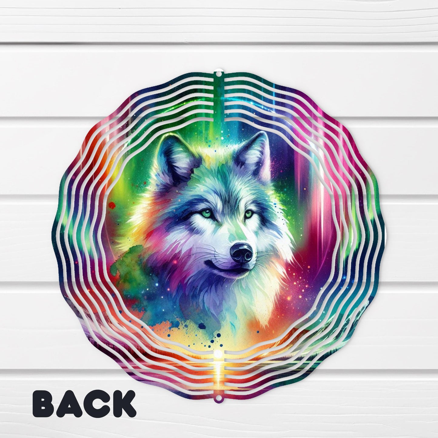 Wolf Sunset Wind Spinner - Double-Sided 10x10 Watercolor Art with Northern Lights and Mountain Lake Design