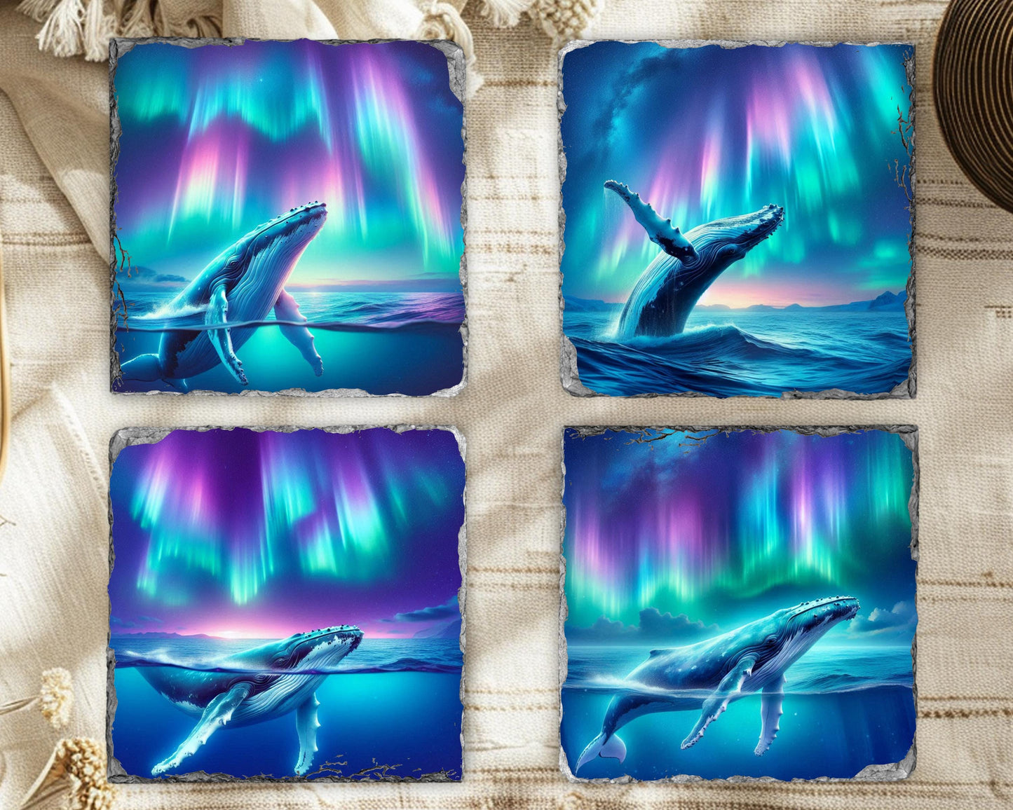 Humpback Whale Slate Coaster Set Ocean Art Gift for Whale Lovers Featuring Northern Lights Design