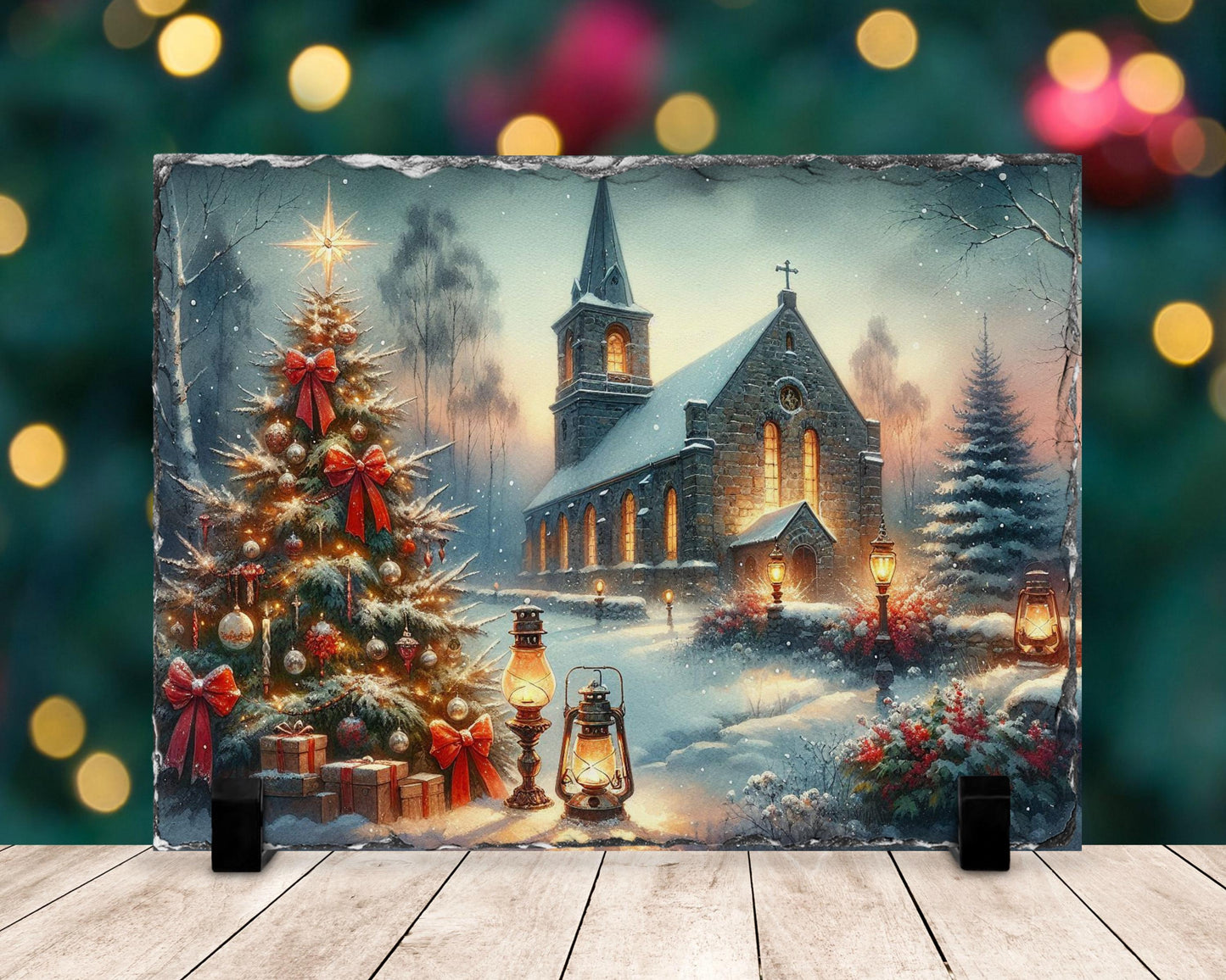 Vintage Winter Church Slate, Christmas Scene with Trees, Gifts & Oil Lamps