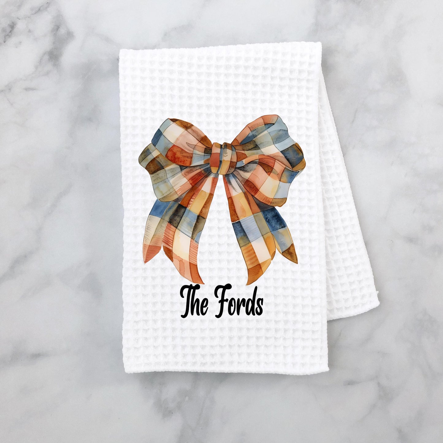 Personalized Fall Gingham Bow Waffle Weave Towel, Custom Kitchen Decor, Unique Gift for Her, Hostess Gift, Autumn Gingham Bow Towel