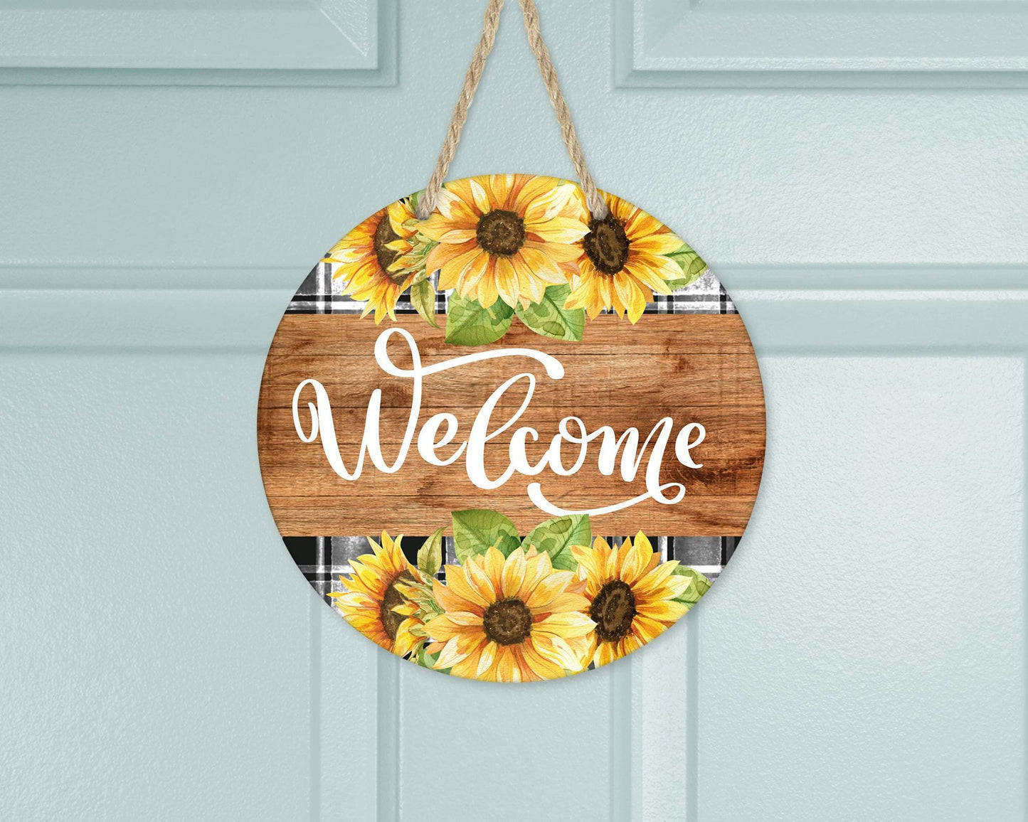 Aluminum Welcome Sign with Buffalo Plaid and Sunflowers - Unique Front Door Decor Housewarming Gift