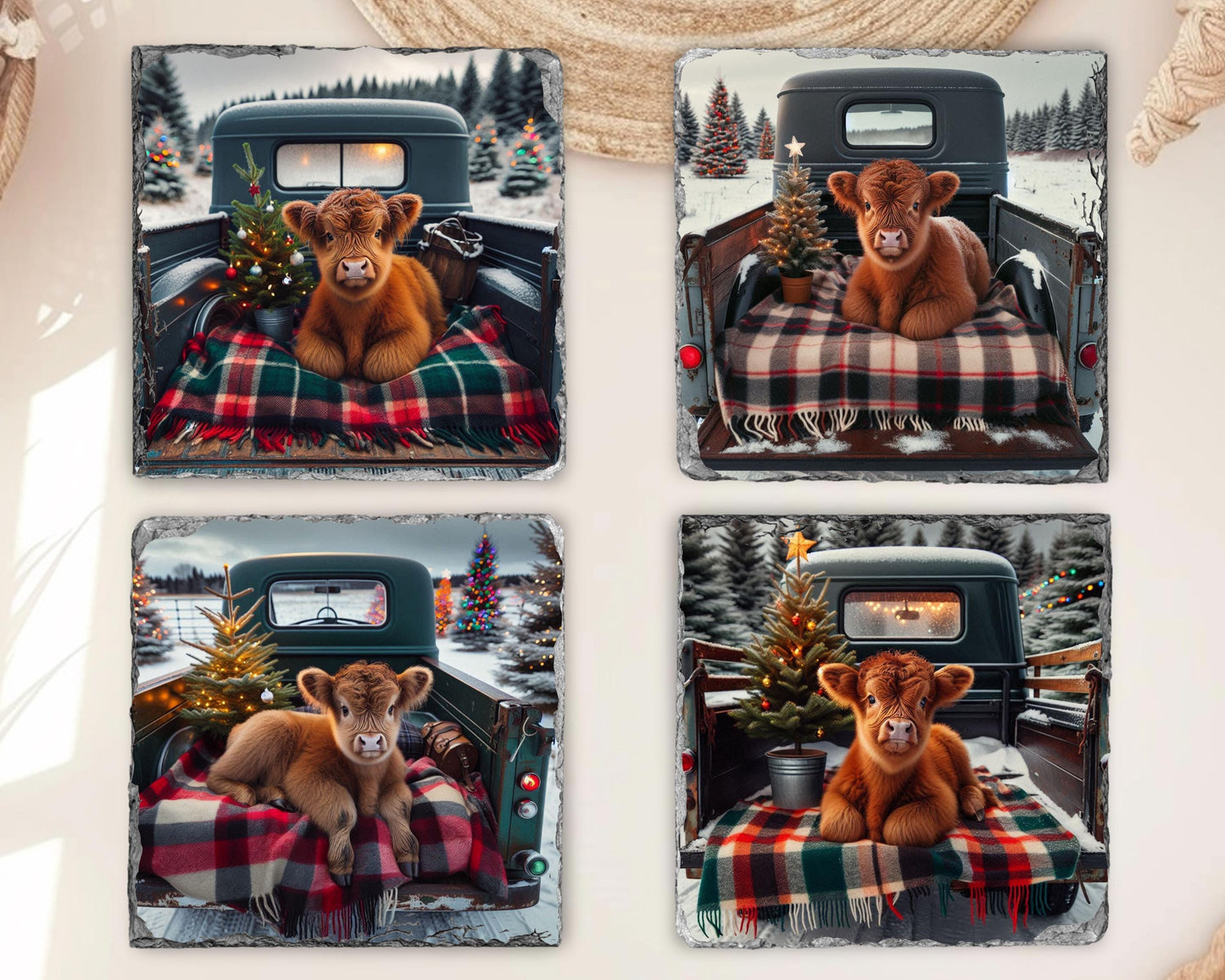 Highland Cow Christmas Coaster Set with Rack - Rustic Slate Coasters Featuring Baby Cow in Truck Perfect for Farmhouse Decor