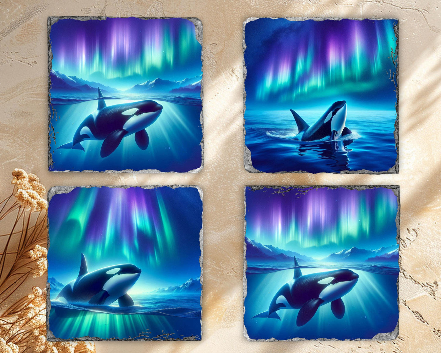 Ocean Orca Coasters Set of 4 Unique Northern Lights Decor for Whale Lovers