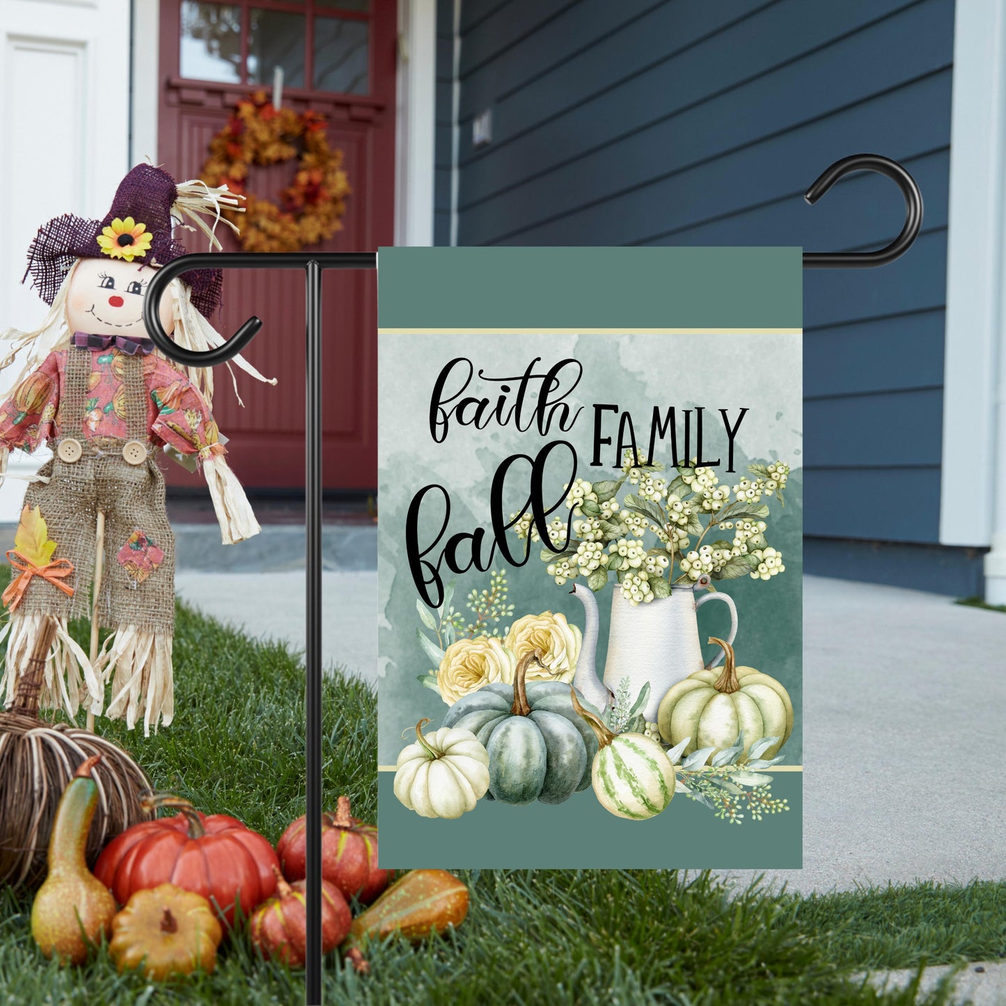 Teal Blue Fall Garden Flag with Faith Family Quote - Double-Sided 12x18 Inch Decor
