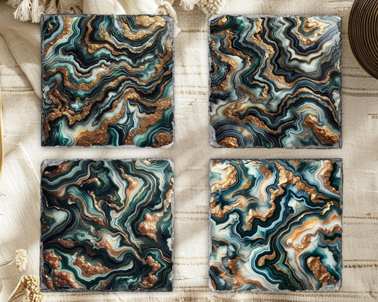 Fractured Edge Slate Coaster Set of 4 with Green Agate Pattern  Gold Faux Glitter - Unique Housewarming Gift  Elegant Home Décor