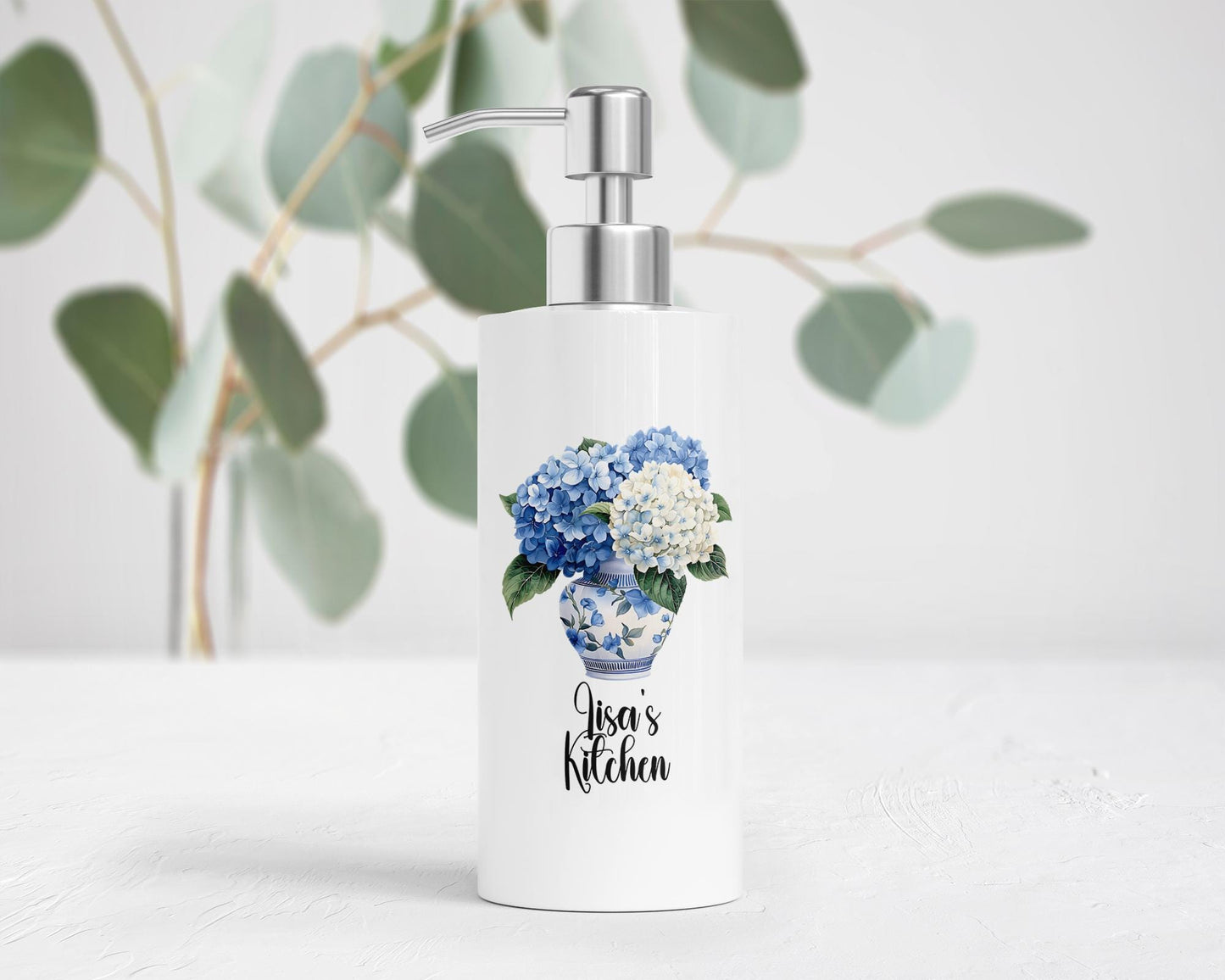 Personalized Hydrangea Soap Dispenser - Custom Chinoiserie Lotion Pump for Kitchen Decor Blue Preppy Gift