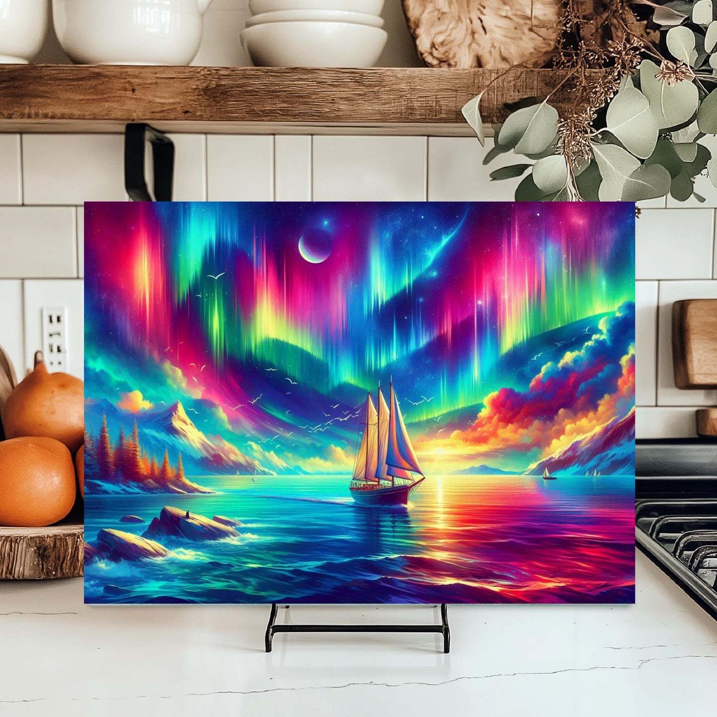 Nautical Sailboat Glass Cutting Board - Northern Lights Inspired Kitchen Decor