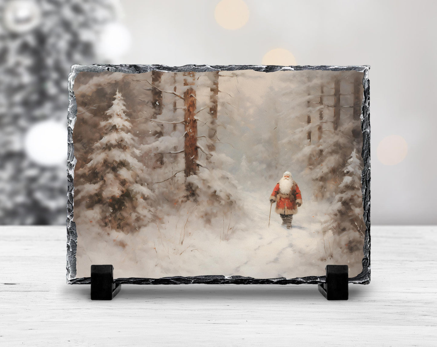 Rustic Slate Christmas Art - Santa in Winter Wonderland for Holiday Decor Gifts