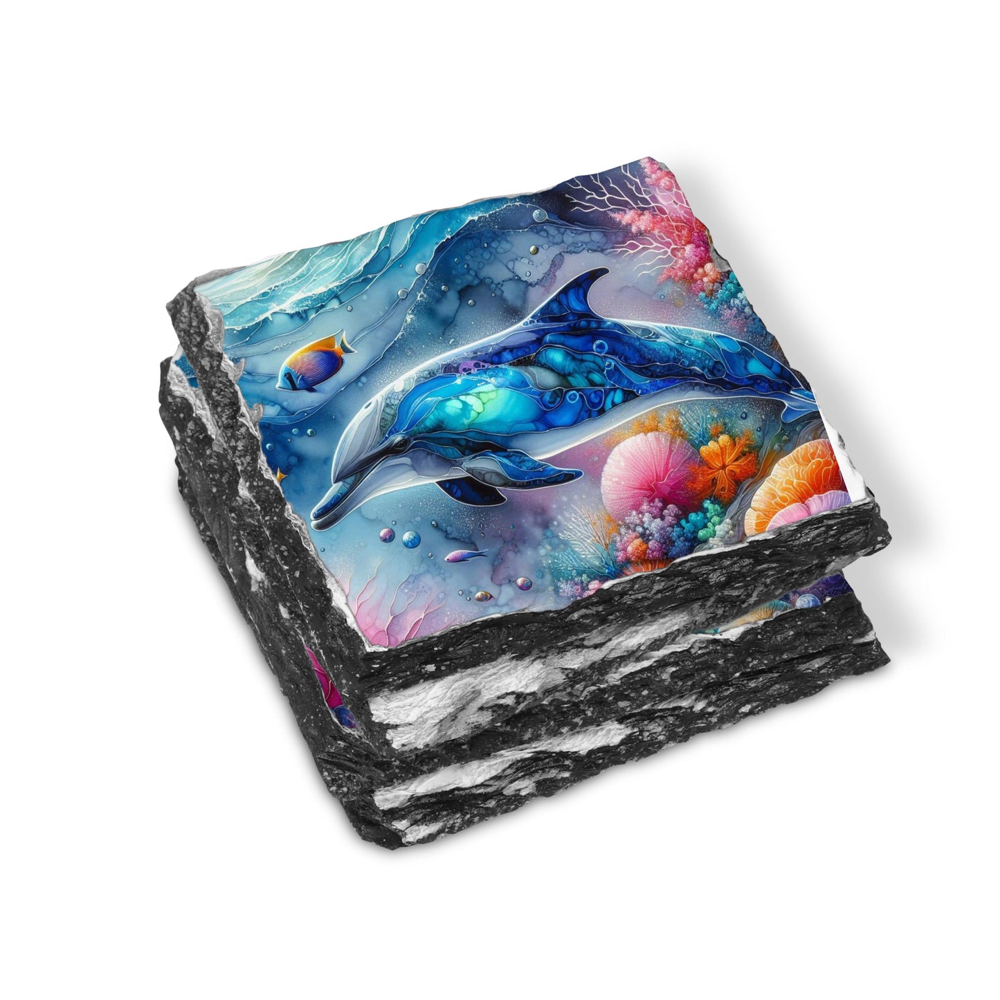 Dolphin Slate Coaster Set with Rack - Ocean-Themed Drink Coasters for Beach House Decor Gifts