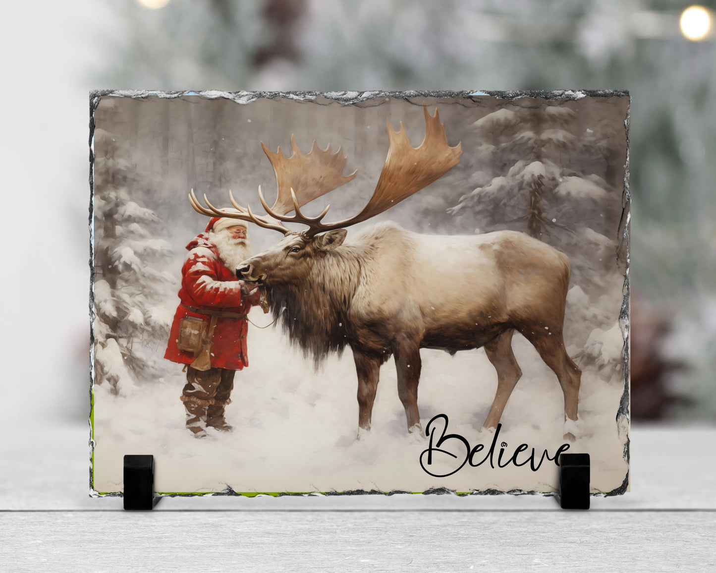 Believe Quote Slate Plaque with Santa Reindeer - Fractured Edge Christmas Decor