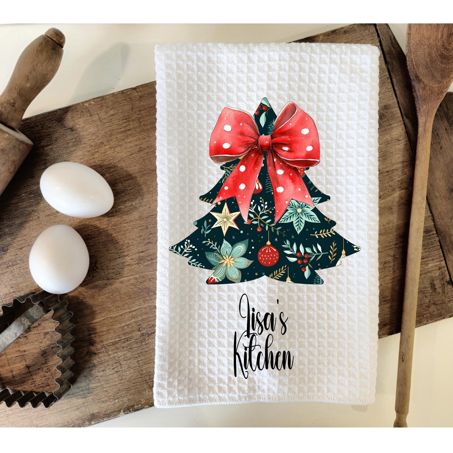 Floral Christmas Tree Kitchen Towel - Waffle Weave Microfiber for Holiday Cheer