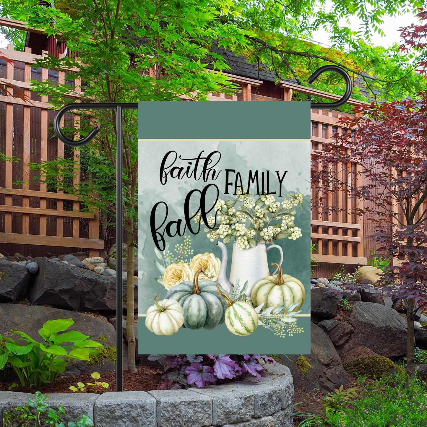 Teal Blue Fall Garden Flag with Faith Family Quote - Double-Sided 12x18 Inch Decor