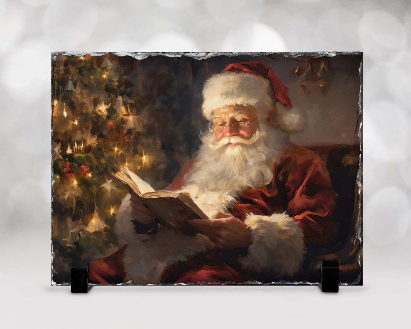 Watercolor Santa Slate Plaque - Holiday Decor with Fractured Edge Christmas Tree Reading Scene