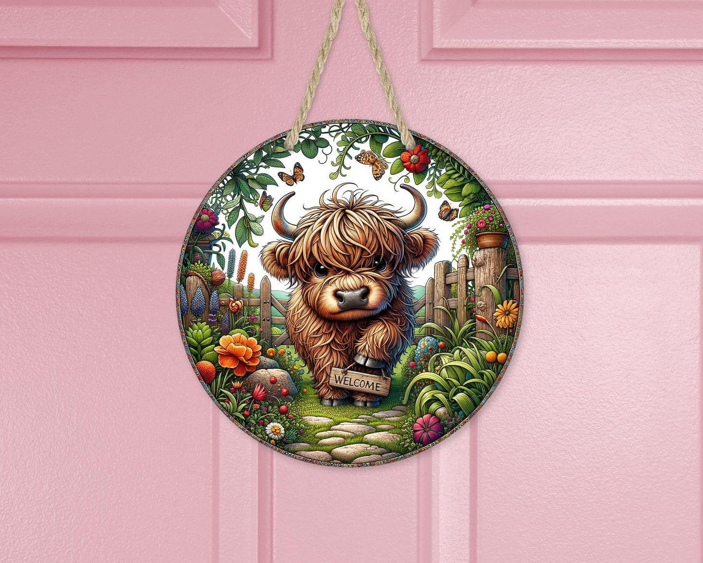 Colorful Baby Highland Cow Door Wreath, 10x10 Aluminum Round Sign with Flowers, Unique Gifts for Cow Lovers, Whimsical Decor, Housewarming