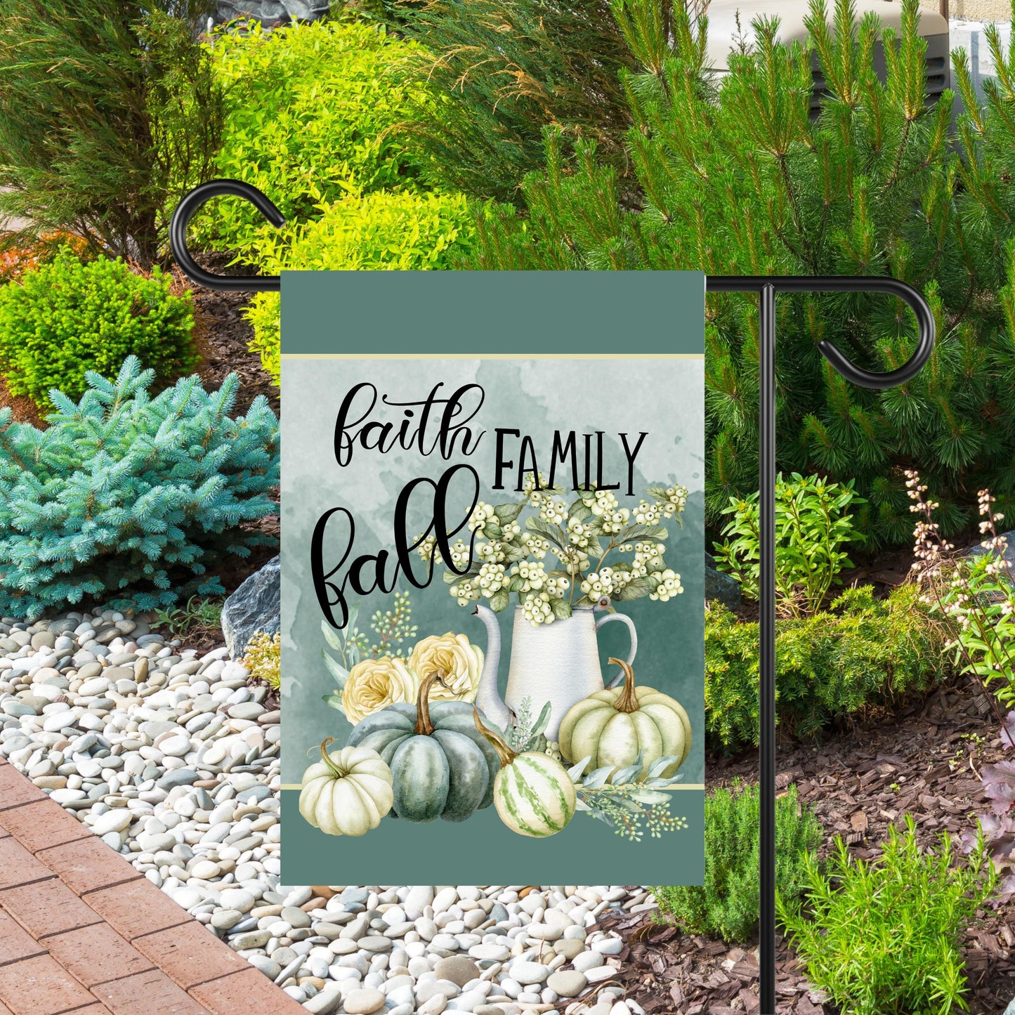 Teal Blue Fall Garden Flag with Faith Family Quote - Double-Sided 12x18 Inch Decor