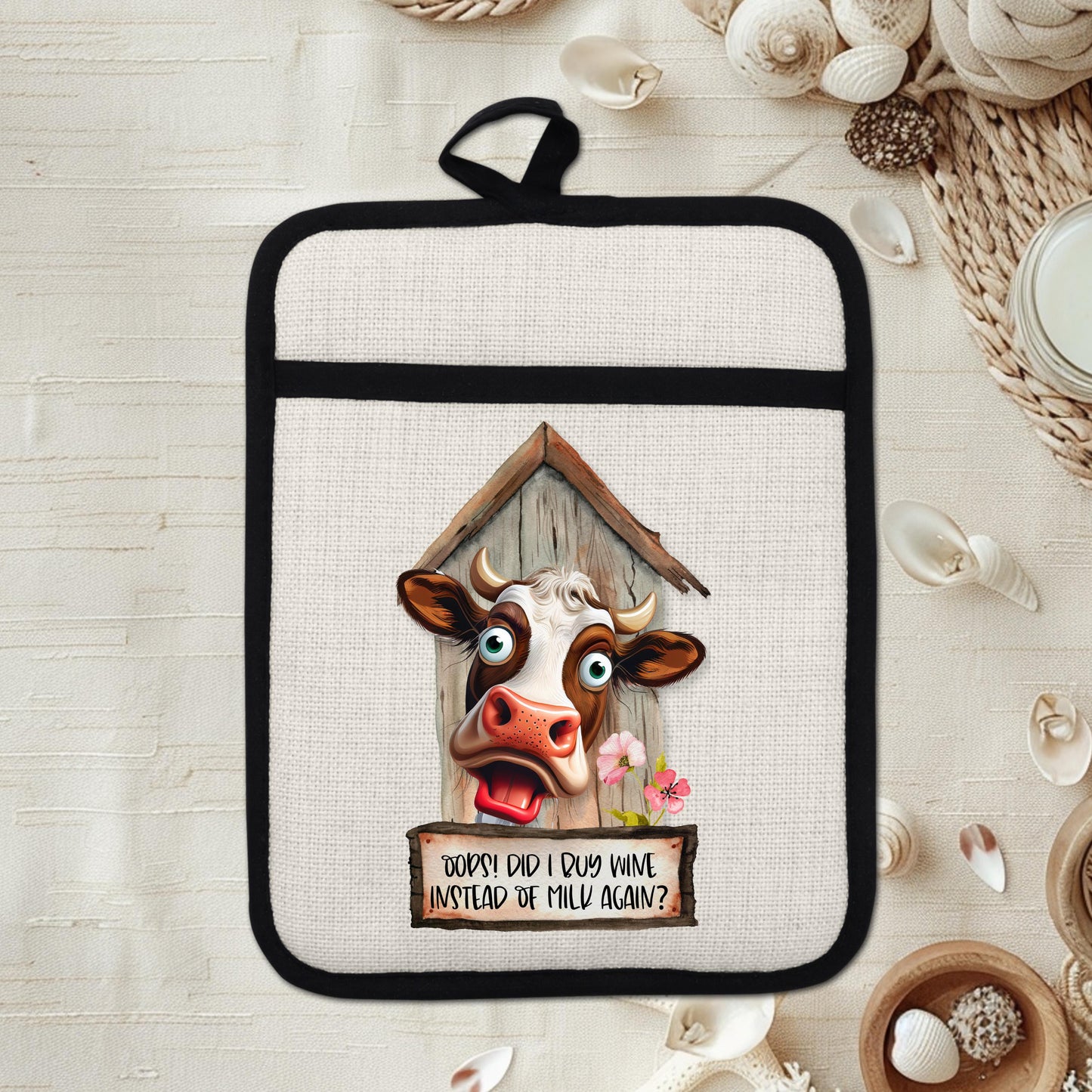 Funny Cow Pot Holder with Quirky Barn Flower Design - Oops Did I Buy Wine Instead of Milk Linen Hot Pad