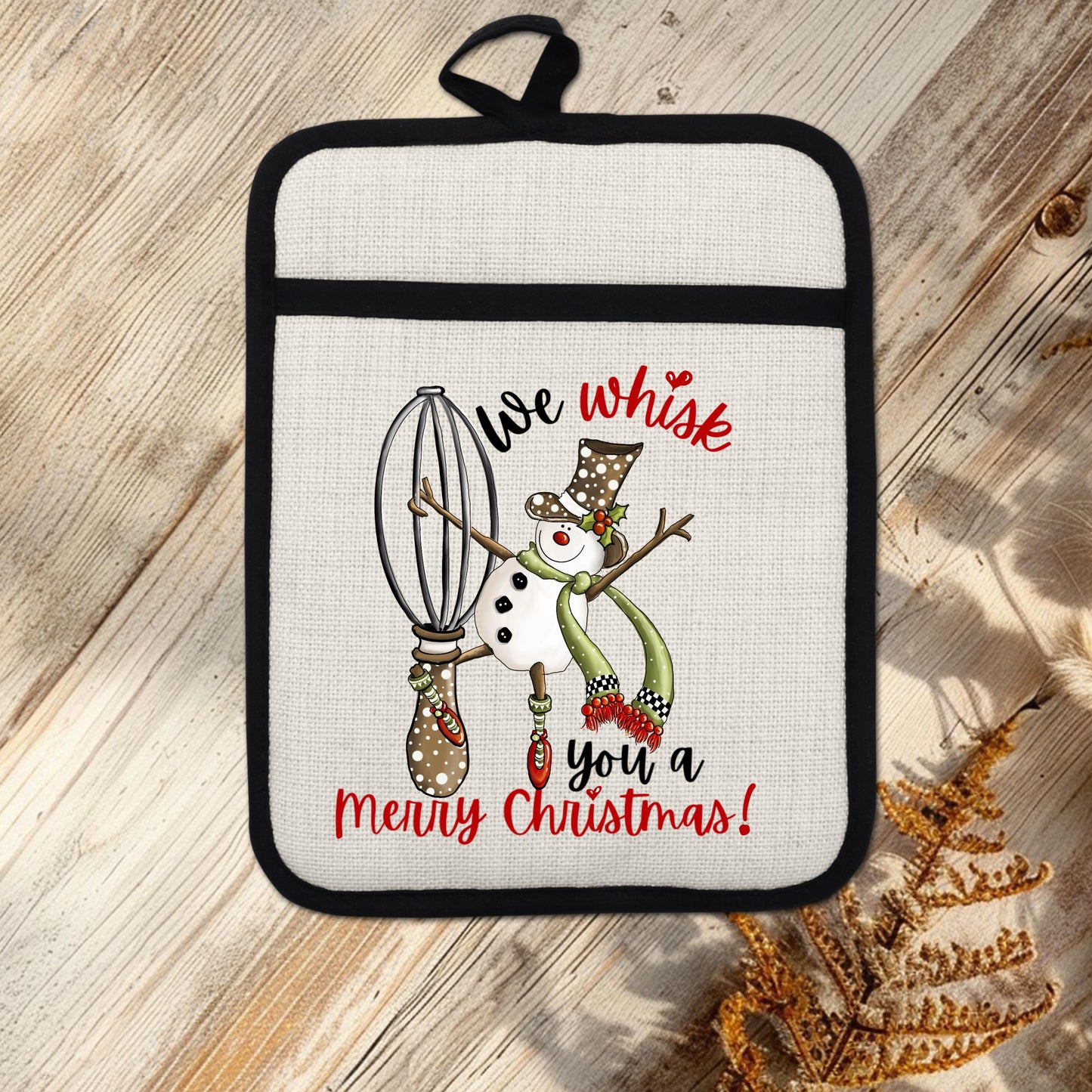 Funny Snowman Pot Holder with We Whisk You a Merry Christmas Quote - Linen Hot Pad for Holiday Kitchen Gift