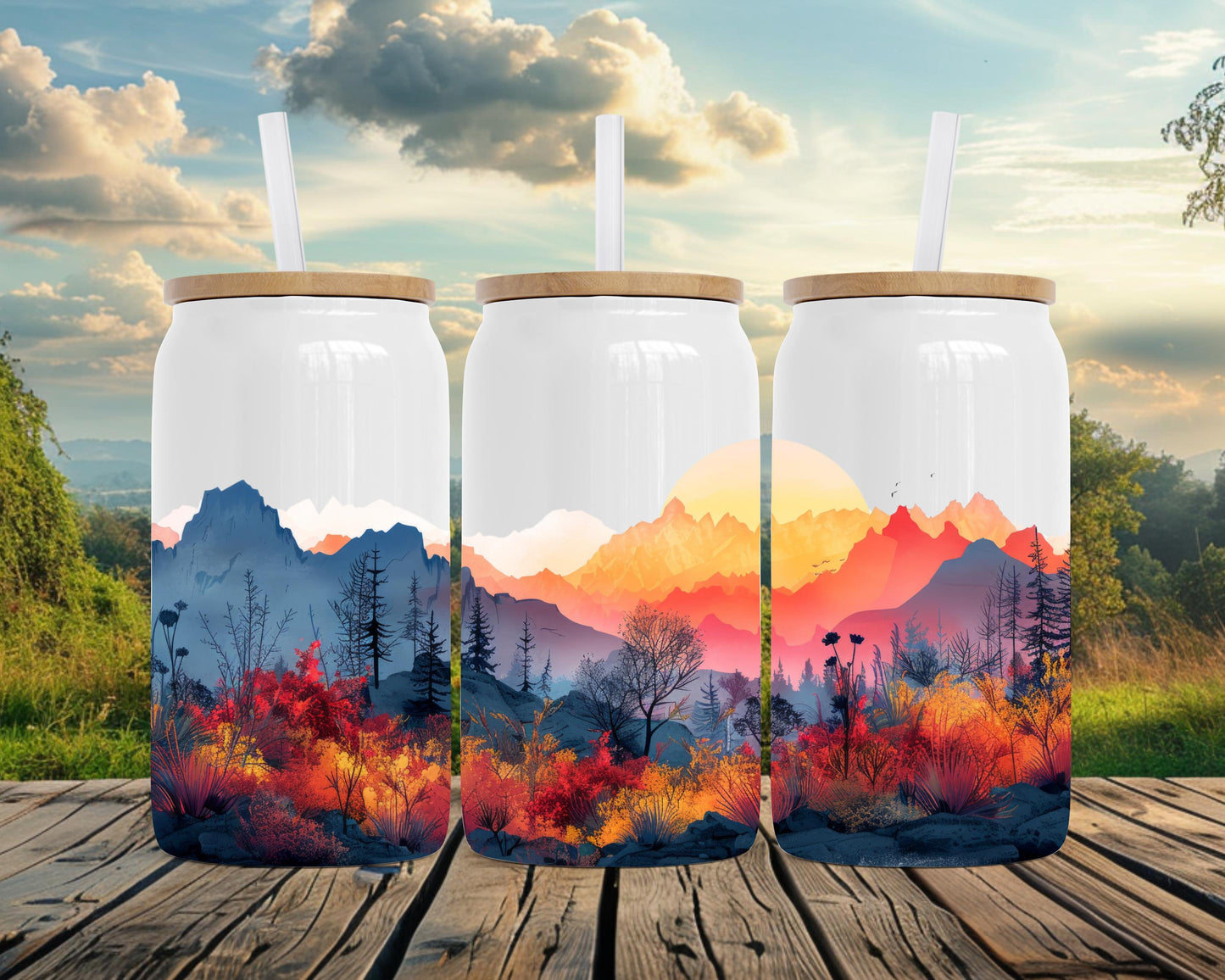 Autumn Mountain Sunset 16oz Soda Can, Fall Gift for Her, Travel Tea Cup