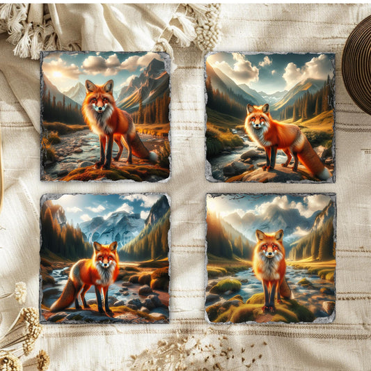 Handcrafted Natural Slate Coaster Set with Fox Mountain Scene  Black Rack - Perfect Gift for Wildlife Lovers