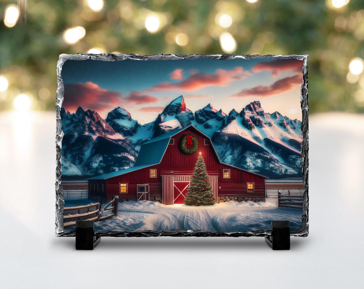 Christmas Slate Sign with Red Barn Mountain Scene - Fractured Edge Holiday Décor Gift