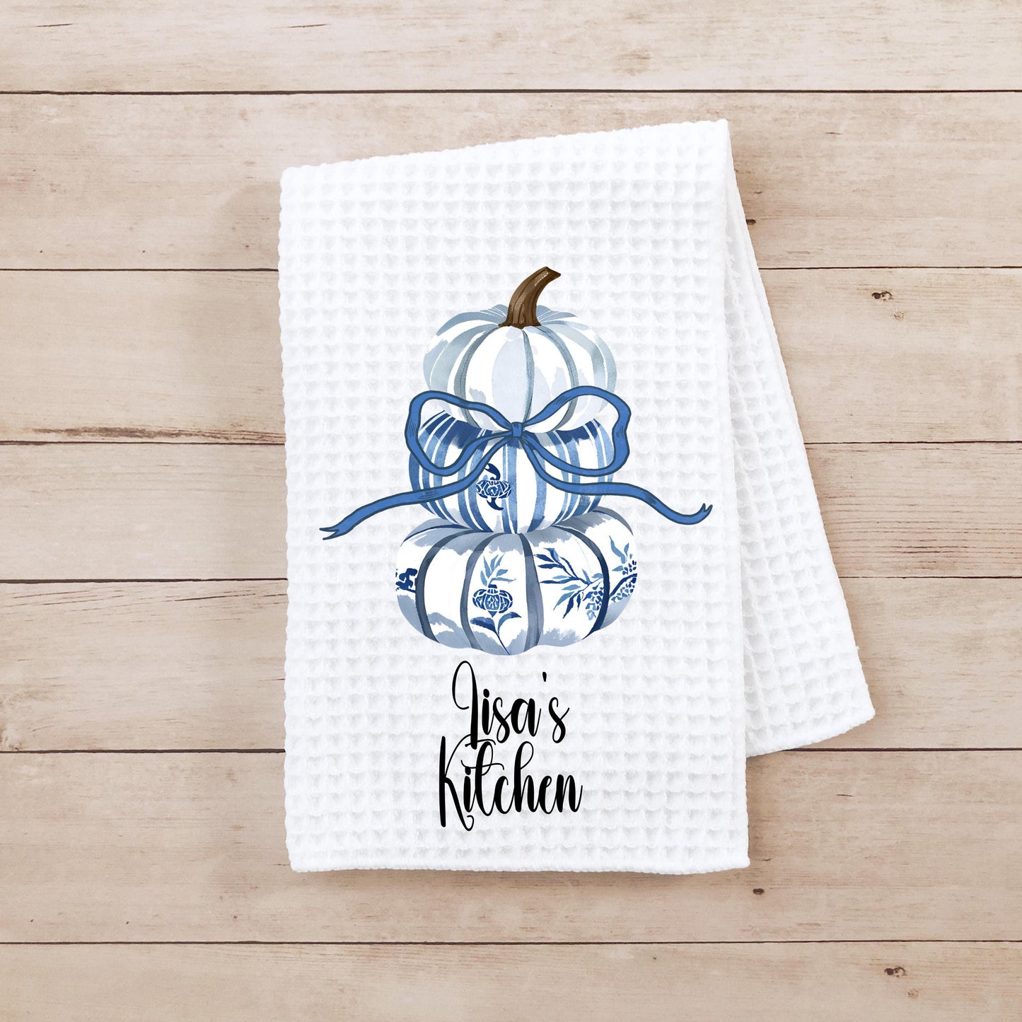 Personalized Blue Pumpkin Topiary Towel, 16x24" Waffle Weave Microfiber with Bow, Chinoiserie Fall Pumpkins