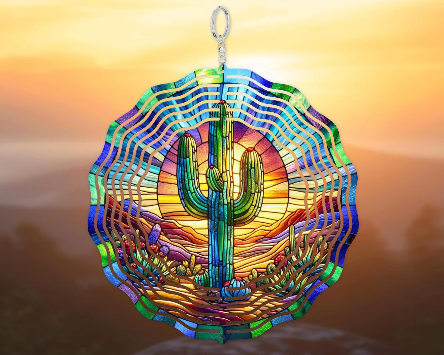 Colorful Saguaro Cactus Desert Sunset Wind Spinner, Unique Gifts for Men, State Pride Kinetic Art, Hanging Patio Decor, State Flower Garden