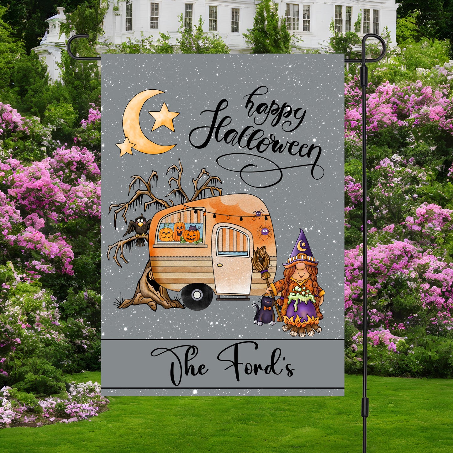 Personalized Halloween Garden Flag for Camping Enthusiasts - Custom Camper Gift Idea