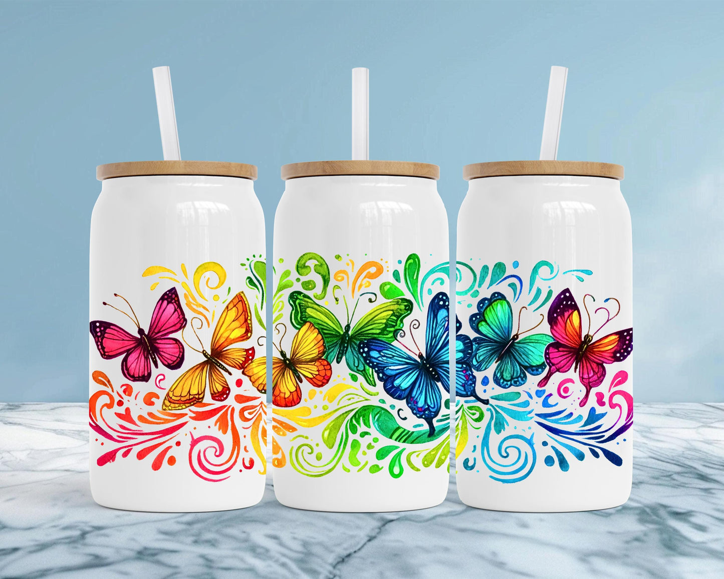 Rainbow Butterfly Insulated Tumbler, 16oz Stainless Steel Travel Cup, Butterfly Gift for Her