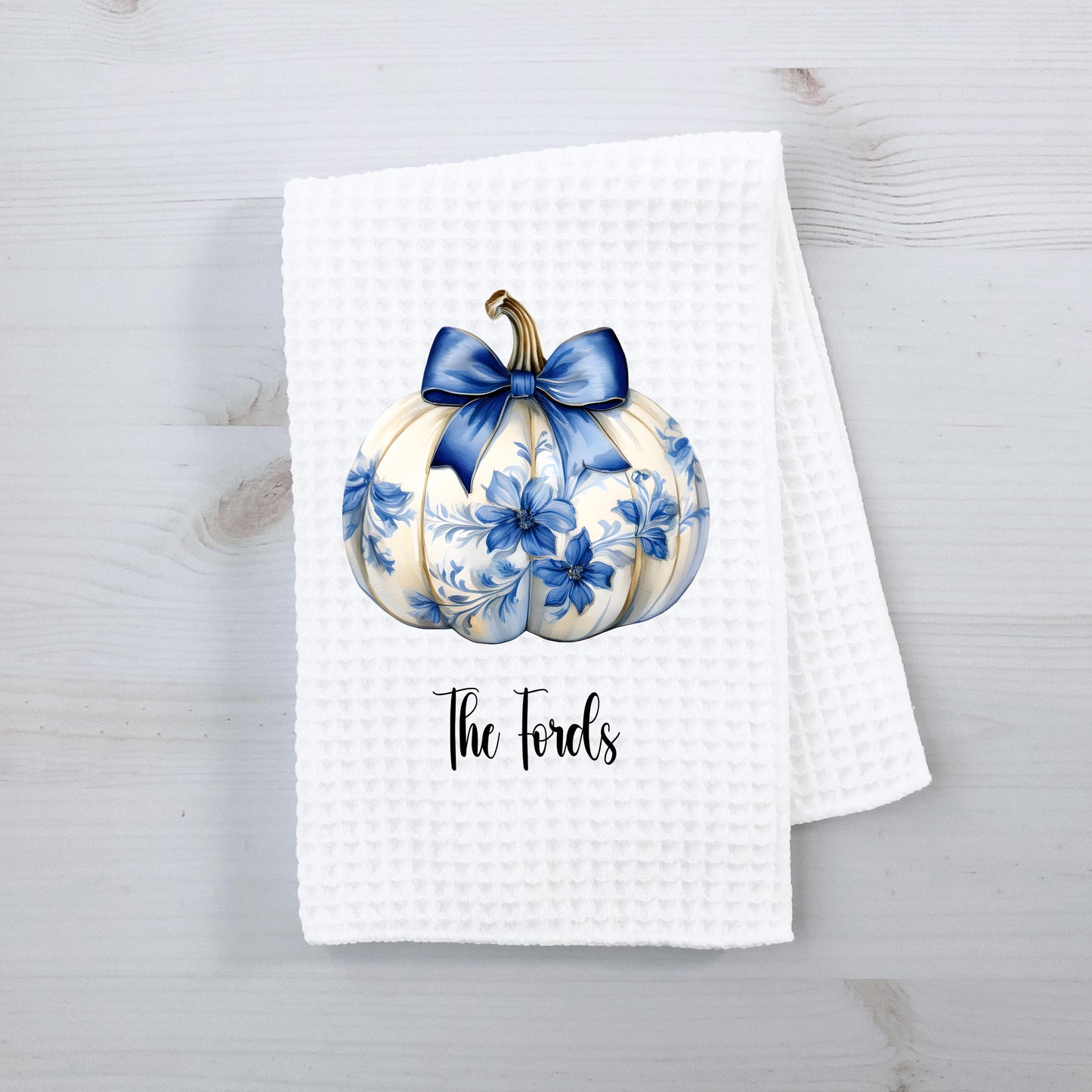 Custom Name Waffle Weave Towel, Chinoiserie Coquette Pumpkin & Blue Bow