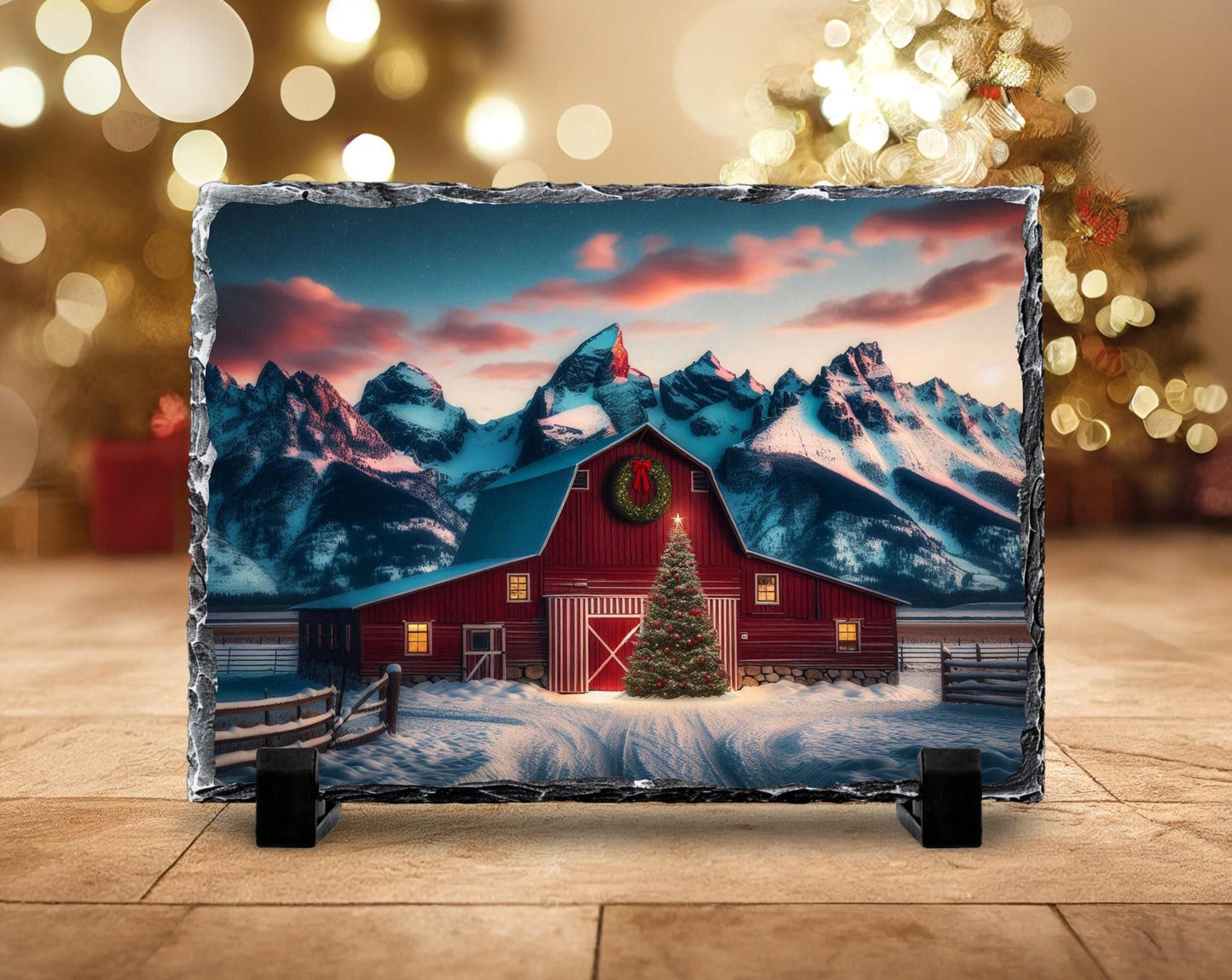 Christmas Slate Sign with Red Barn Mountain Scene - Fractured Edge Holiday Décor Gift