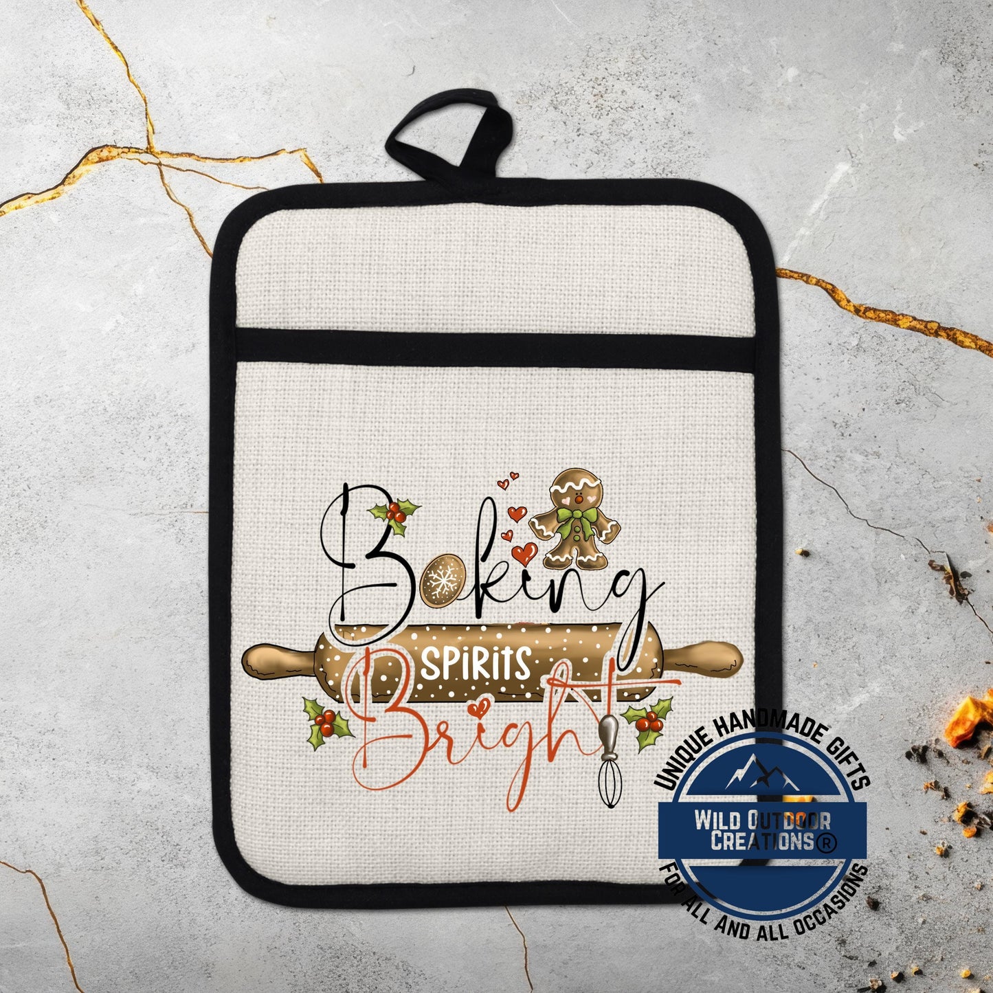 Baking Spirits Bright Christmas Pot Holder Linen Hot Pad Gingerbread Kitchen Gift