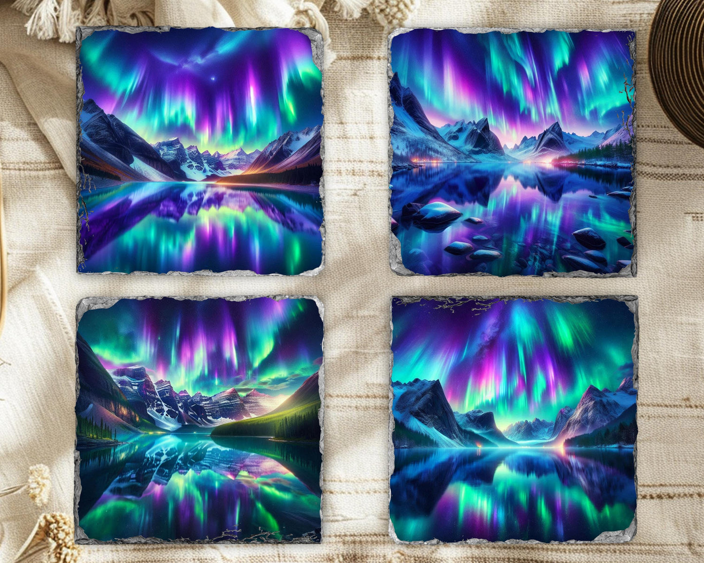 Northern Lights Slate Coaster Set with Rack - Rustic Mountain Lake Design Perfect for Holiday Gifting