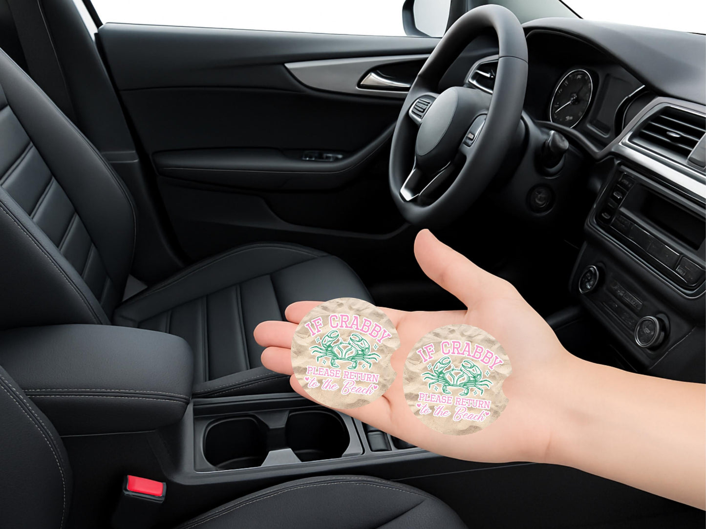 Sandstone Car Coasters with Crab Quote - Beach-Themed Cup Holder Accessories