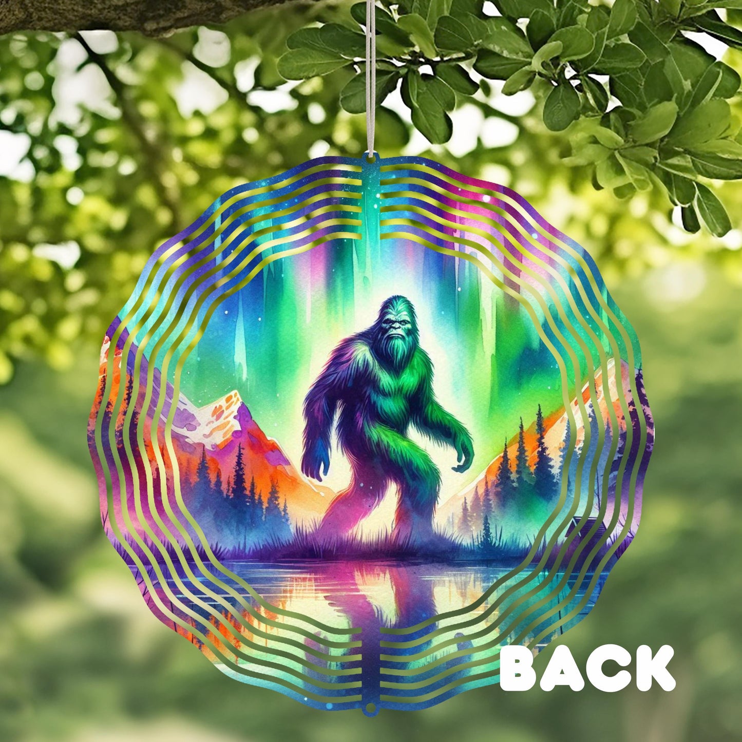 Bigfoot Forest Wind Spinner - 10x10 Double-Sided Outdoor Art with Watercolor Northern Lights Design