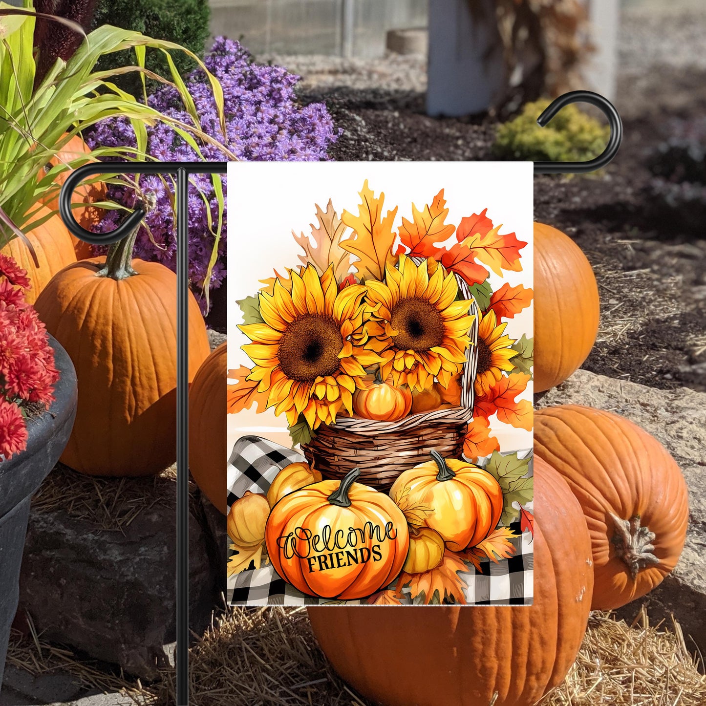 Double-Sided Sunflower Garden Flag 12x18 Inch Pumpkins Welcome Friends for Fall Decor