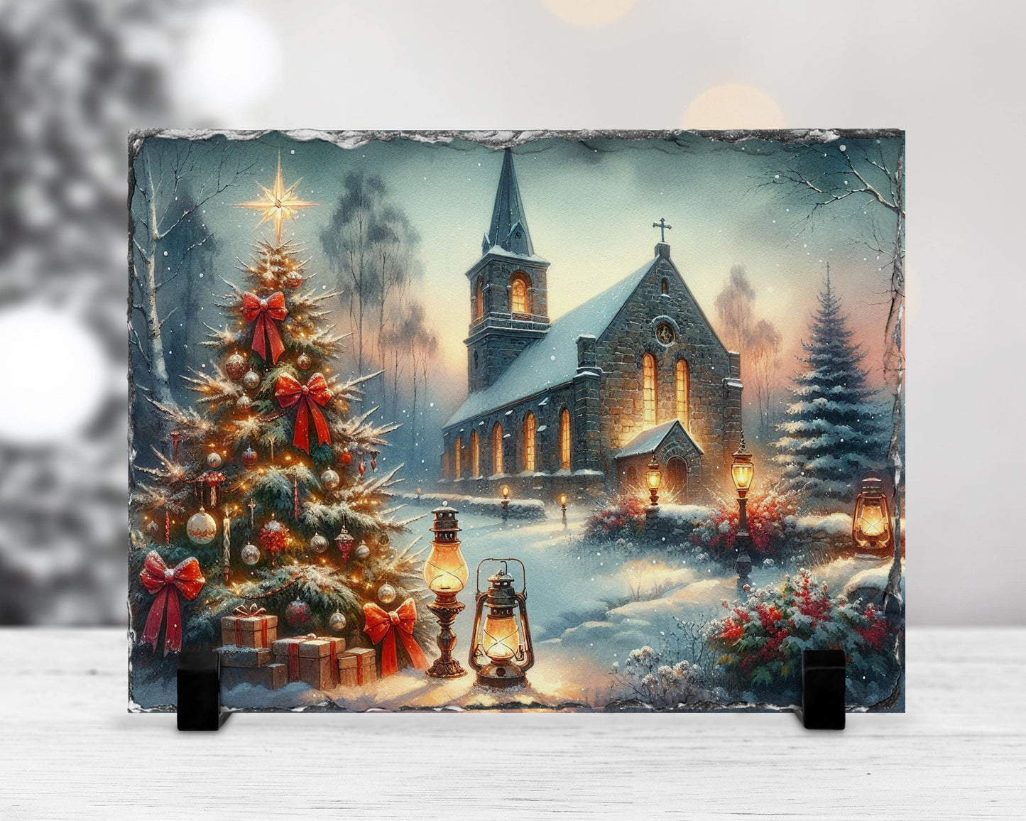 Vintage Winter Church Slate, Christmas Scene with Trees, Gifts & Oil Lamps