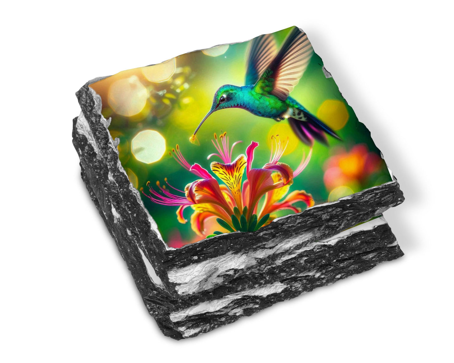 Hummingbird Slate Coaster Set - Colorful Floral Drink Coasters for Nature Enthusiasts