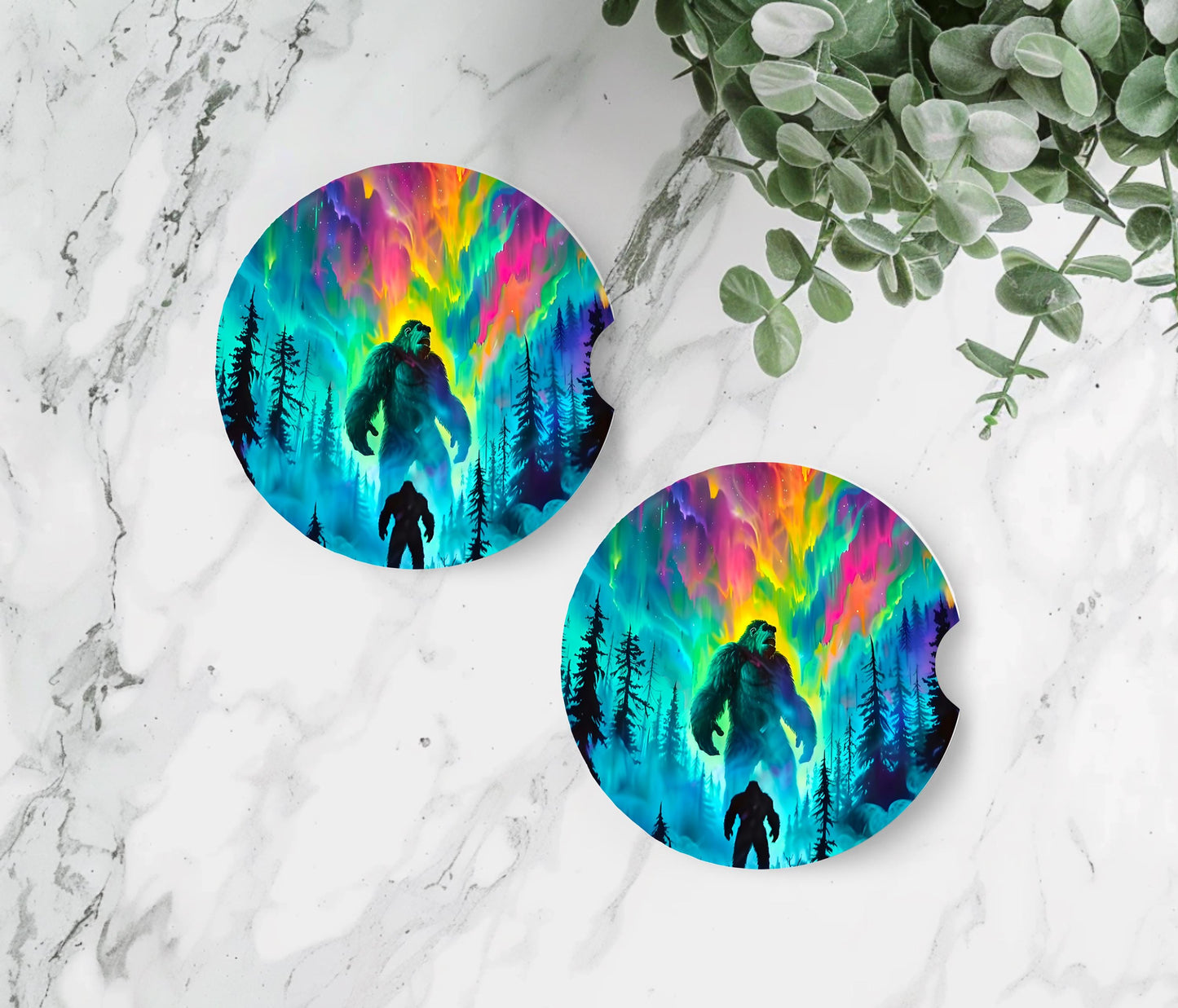 Unique Ceramic Car Coaster, Set of Two, Northern Lights Design, Bigfoot Gift Idea